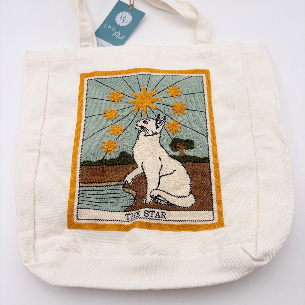 Page & Petal The Star Tarot Cat Embroidered Canvas Tote Bag Off-White NEW